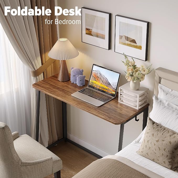 WOHOMO Folding Desk, 39.4" Foldable Computer Table for Small Spaces, Walnut | Easy Assembly and Fold, Sturdy Home office desks for Study Bedroom Dorm Space Saving Writing Work Apartment - Image 5