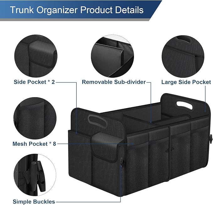 Femuar Car Trunk Organizer, Trunk Storage Organizer with 72L Large Capacity Waterproof Collapsible and 11 Pockets, Trunk Organizer for Suv/Jeep/Sedan, Large Size, Black - Image 8