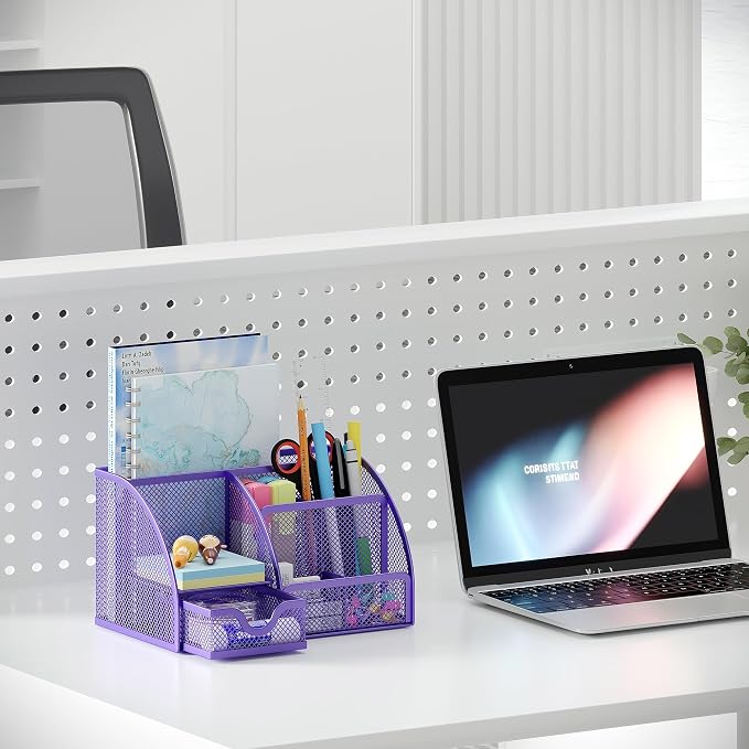 EasyPAG Mesh Desk Organizer with Drawer Multi-functional Pen Holder Stationery Organizer for Office School Supplies 6 Compartments Dorm Organizers and Storage for Desk, Purple - Image 5