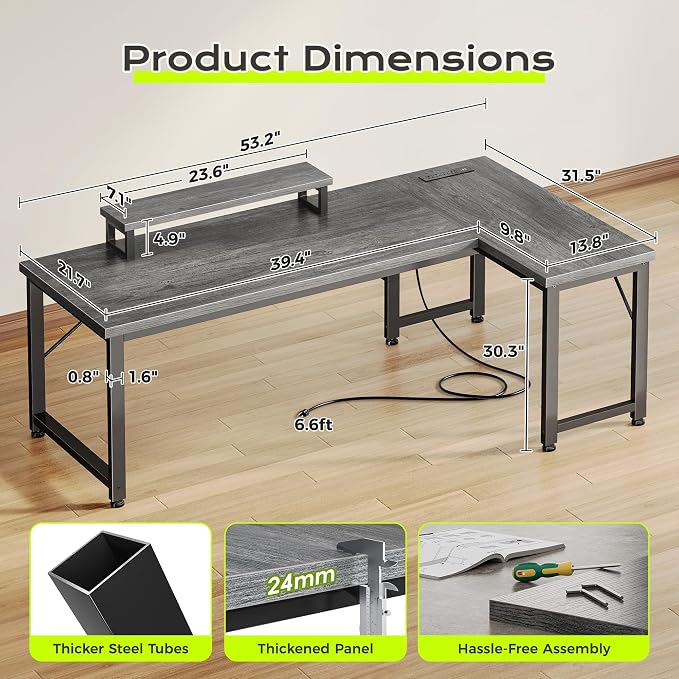 PRAISUN 53" L Shaped Computer Desk, Power Outlets, Monitor Stand, Grey | USB-C Ports, Reversible Charging Station, Spacious Desktop & Legroom, 0.94 Inch Thick Desktop, for Gaming, Study & Work - Image 3