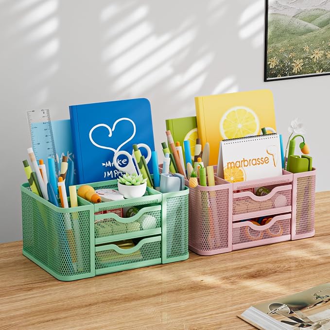 Marbrasse Mesh Desk Organizer, Pen Organizer with 2 Drawer, Multi-Functional Pencil Holder, Desk Organizers and Accessories with 5 Compartments + Drawer for Office Art Supplies (Green) - Image 3