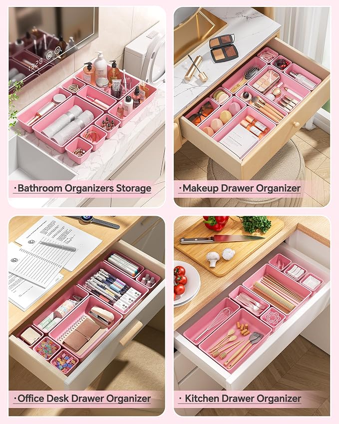 KEMETHY 25 PCS Plastic Drawer Organizers Set, 4 Sizes Vanity Organizer | Makeup and Desk Drawer Organizer Trays, Organization and Storage for Makeup, Bathroom, Kitchen Utensils and Office (Pink) - Image 4