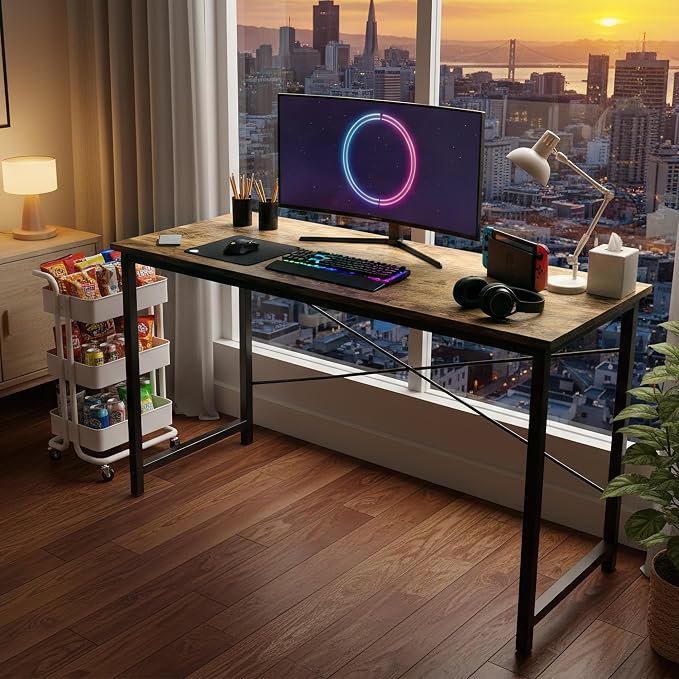 OLIXIS 55 Inch Computer Office Desk for Small Spaces, Writing Gaming Work Desk Modern Study Table with Storage Bag & Headphone Hook Home Bedroom, Rustic Brown | Gaming Work Writing Workstation, Home Office, Bedroom, Sturdy Design, Rustic Brown - Image 5