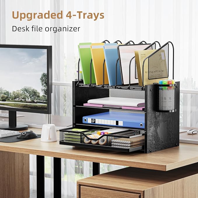 Marbrasse Desk organizer with Drawer, 4-Tier Wooden File Organizer with 5 Vertical File Holders and 2 Pen Holders, Desk Organizers and Accessories for Home Office - Black - Image 3