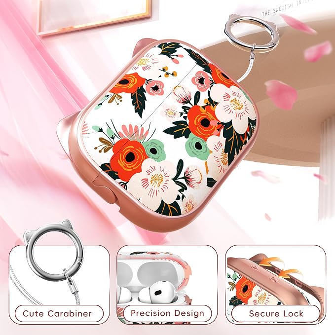 for AirPods Pro 2 Case with Cleaning Kit, Cute Cat Ear Print Design & Cute Buckle for Girls, Phone Holder & Top Safe Lock Buckle Design for AirPods Pro 2nd/1st Gen case, Rose Gold Flower - Image 5