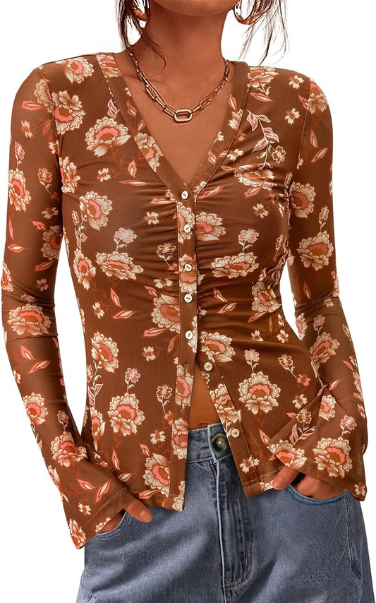BTFBM Button Down Shirts for Women 2026 Fall Boho Tops V Neck Long Sleeve Blouses Ruched Mesh Fitted Fashion Clothing by BTFBM