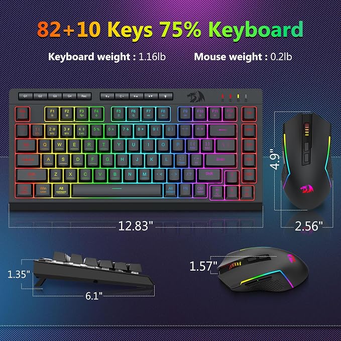 Redragon Wireless Gaming Keyboard and Mouse Combo, 75% Portable, Black | Bluetooth/2.4G/USB-C Wired, RGB Backlit, Quiet Rechargeable Macro Membrane Keyboard & 12800 DPI Mouse for Win/MAC - Image 8