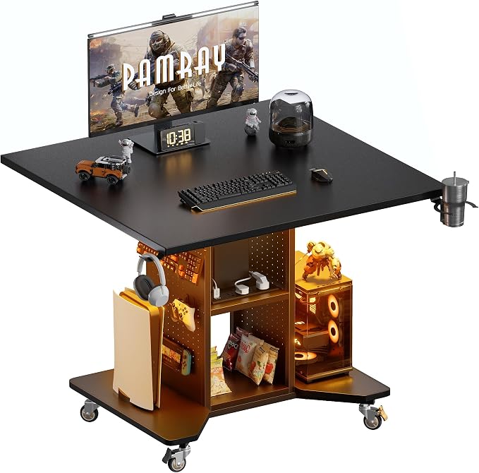 Pamray Small Gaming Desk Rolling Computer Table Balck | Movable, with Led Lights Power Outlets, with Storage Pegboard and Hook, Sturdy, Suitable for Study Gaming Bedroom Dorm by PAMRAY