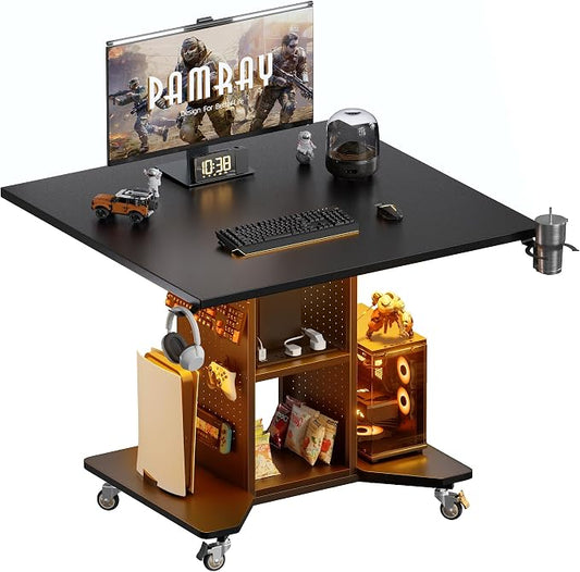 Pamray Small Gaming Desk Rolling Computer Table Balck | Movable, with Led Lights Power Outlets, with Storage Pegboard and Hook, Sturdy, Suitable for Study Gaming Bedroom Dorm by PAMRAY