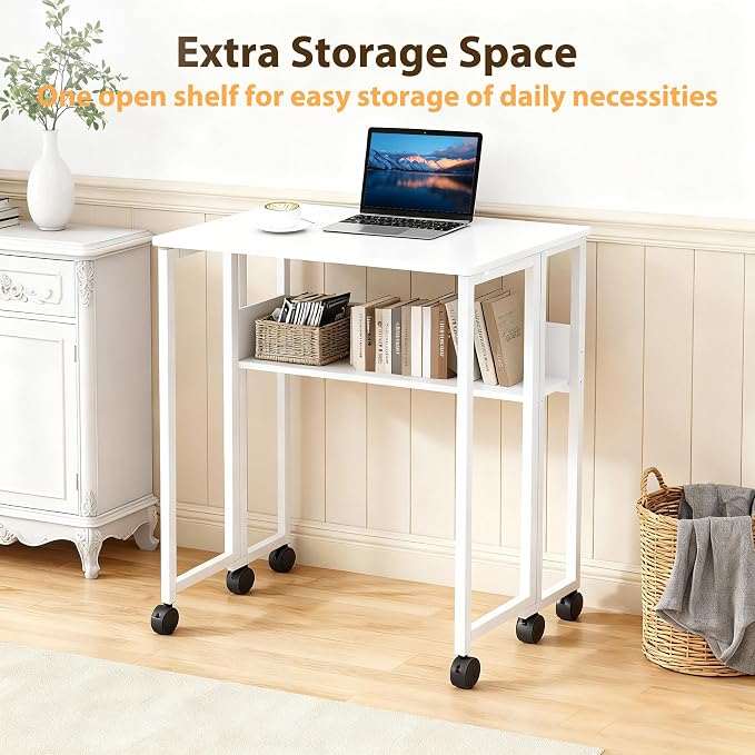Folding Desk Small Rolling Desk with Storage Shelf,24.8 Inch Foldable Computer Table with Wheels,Portable Office Desk for Small Space Sofa Table,Easy to Fold,Writing Work Office Computer Desk,White - Image 8