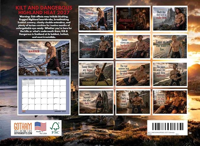 Hot Scottish Men In Kilts Calendar 2027 Monthly Wall Calender 12 Month | American Made In The USA - Image 2