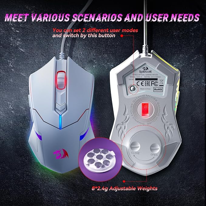 Redragon Updated Programmable Gaming Keyboard and Mouse, RGB Backlit Keyboard Mouse with Software, Independent Macro Record Keys, Value Combo Set, White - S101-3 PRO - Image 8