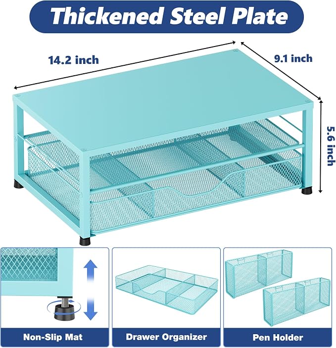 OPNICE Desk Organizers and Accessories, 2-Tier Computer Monitor Stand Riser with Drawer and 2 Pen Holders, Laptop Stand, Office Desk Accessories for Office Supplies, Teal Blue - Image 2