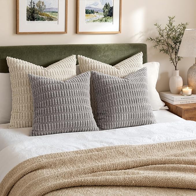 MIULEE Pack of 2 Corduroy Decorative Euro Sham Throw Pillow Covers 26x26 Inch Soft Boho Striped Pillow Covers Modern Farmhouse Home Decor for Sofa Living Room Couch Bed Light Grey - Image 2
