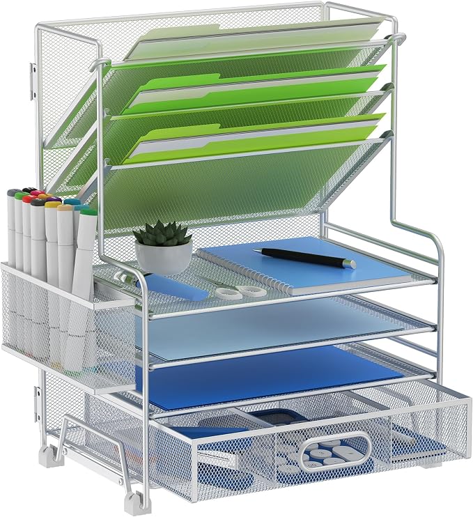 MINDEPOT 4-Tier Paper Organizer + 3-Pocket File Holder + Drawer + Pen Holders, Desktop File Organizers Paper Tray for Office Supplies School Classroom Organization (Silver, with Drawer & Pen Holder) by MINDEPOT