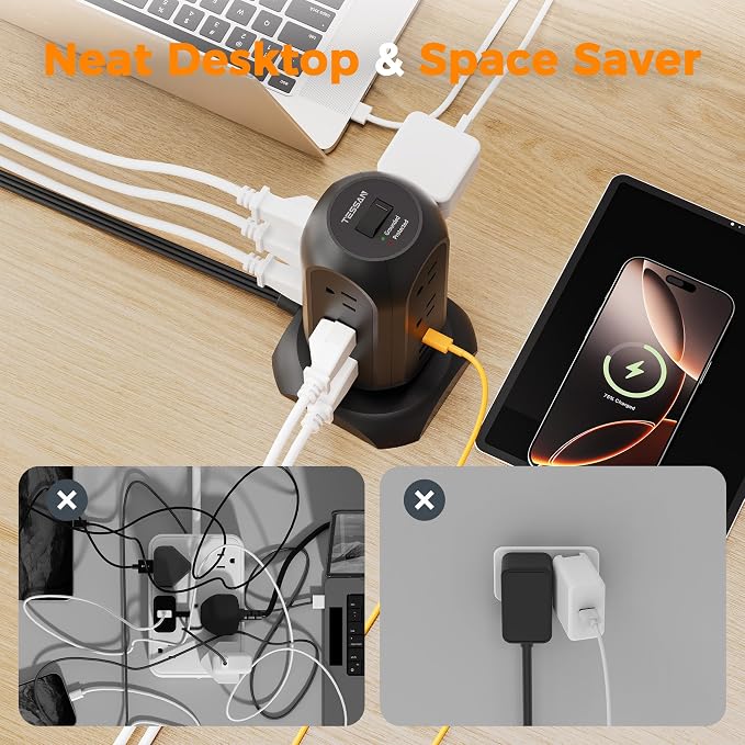 TESSAN Tower Power Strip Flat Plug with 1050J Protection, 10 Ft, Black | 11 Outlets 3 USB (1 USB C), Surge Protector Power Tower, Extension Cord with Multiple Outlets, Dorm, Office Desk Supplies - Image 7
