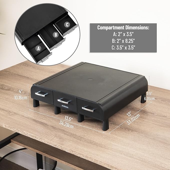 Mind Reader Monitor Stand, Laptop Riser, Desktop Organizer, Storage Drawer, Office, Plastic, 13.5"L x 13"W x 4"H, Black - Image 3