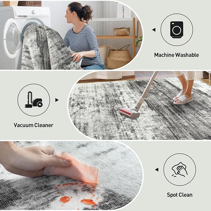 2'6''x8' Runner Rugs Washable Rug: Modern Abstract Hallway Runner Rug Indoor Soft Low Pile Thin Carpet Anti-Skid Non-Shedding Carpets for Kitchen, Entryway, Laundry, Bedroom - Black Grey - Image 5