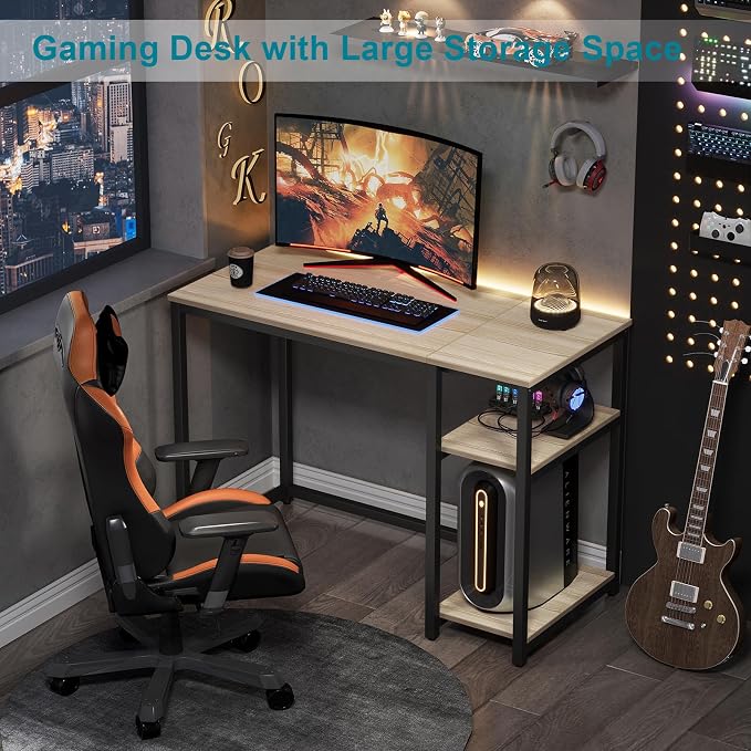SINPAID 40'' Oak Computer Desk with Shelves, Sturdy Light Wood Desks with Storage Space, Modern Gaming Desk Study Writing Laptop Table, Beige - Image 6