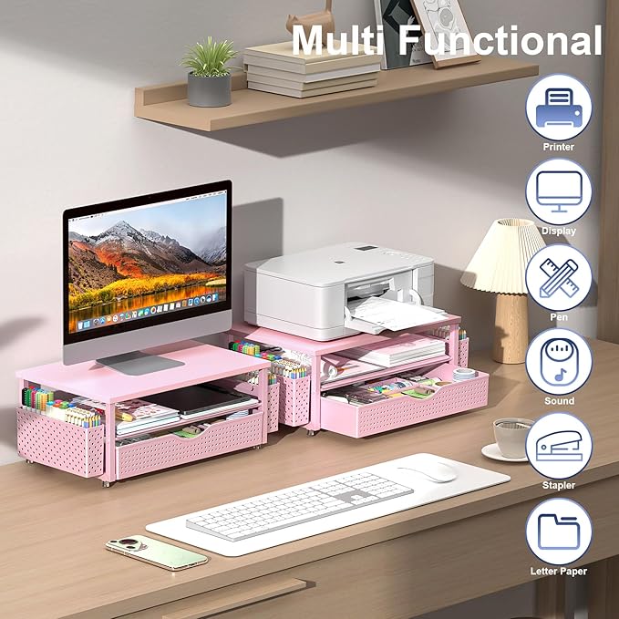 Spacrea Desk Organizer and Accessories, Computer Monitor Stand Riser with Drawer and 2 Pen Holders, Office Desk Accessories & Workspace Organizers for Office Supplies (Pink) - Image 5