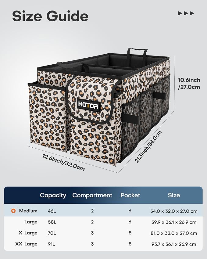 HOTOR Trunk Organizer - Car Organizer, Foldable Trunk organizer for SUVs & Sedans, Sturdy Car Organization for Car Accessories, Tools, Sundries, Brown Leopard, 2 Compartments, 21.3"×12.6"×10.6" - Image 2
