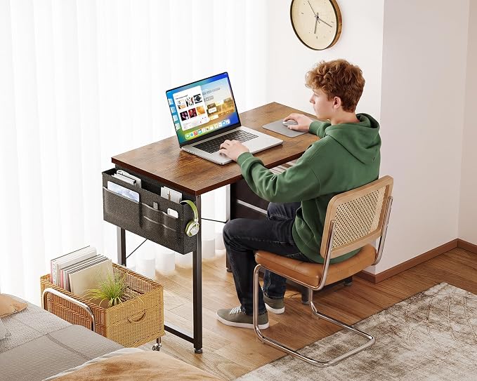 AODK 32 Inch Small Computer Desk with Fabric Drawers, Vintage | Mini Desk with Storage Shelf & Bag, Kids Study Desk for Bedroom, Home Office Desk for Small Space - Image 2