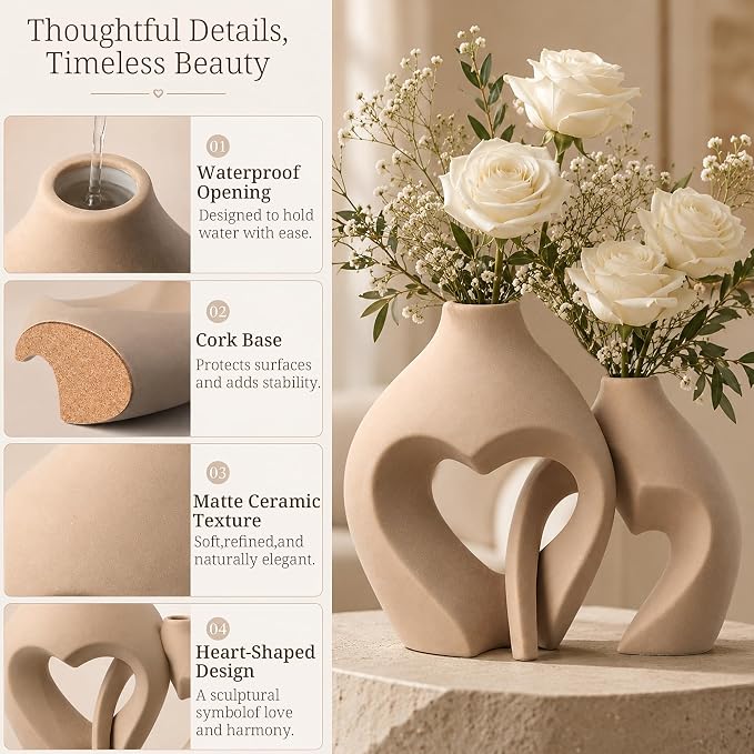 Ceramic Flower Vases Home Decor Heart Shaped Vase Set of 2 | Nordic Heart Shaped Vases Minimalist Decorative Vase for Table Centerpiece Wedding Dining Living Room Office House Decoration - Image 7