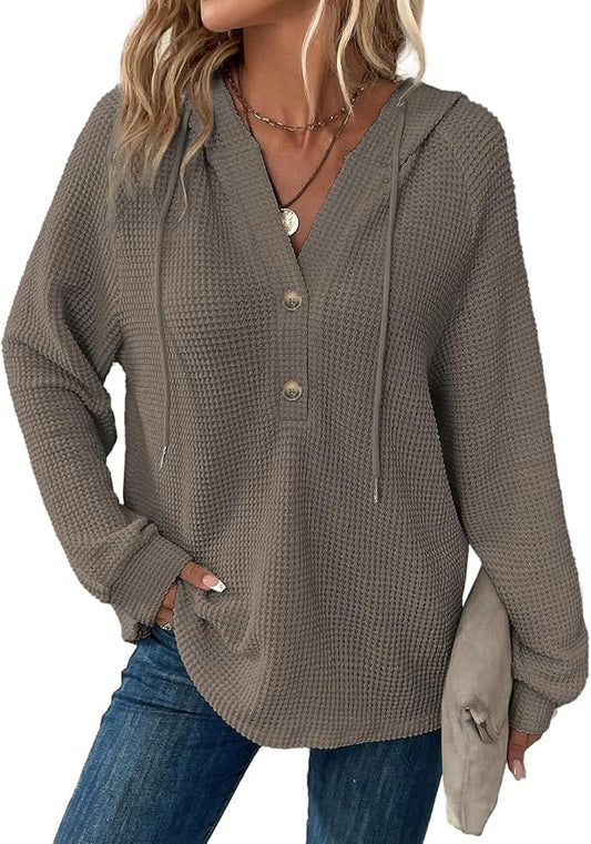 Dokotoo Hoodies for Women Waffle Knit Long Sleeve Drawstring Button V Neck Casual Sweatshirt Hooded Tops Fashion Clothing by Dokotoo