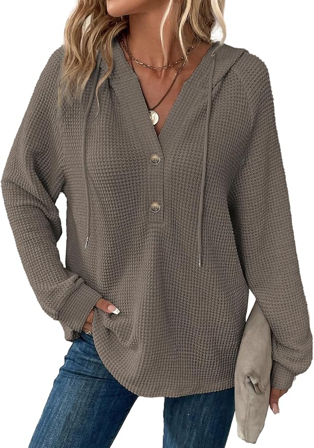 Dokotoo Hoodies for Women Waffle Knit Long Sleeve Drawstring Button V Neck Casual Sweatshirt Hooded Tops Fashion Clothing by Dokotoo