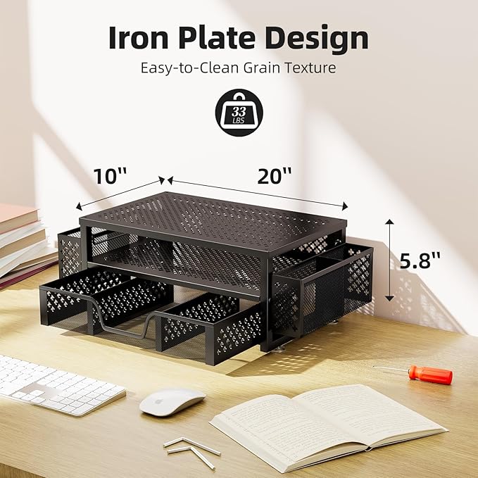 Simple Trending 2-Tier Metal Monitor Stand with Drawer & Pen Holder, Black | 20"W x 10"D x 5.8"H. Metal mesh cooling prevents overheating. 2-tier + drawer + pen holders. Non-slip. Fits laptop & monitor. - Image 2
