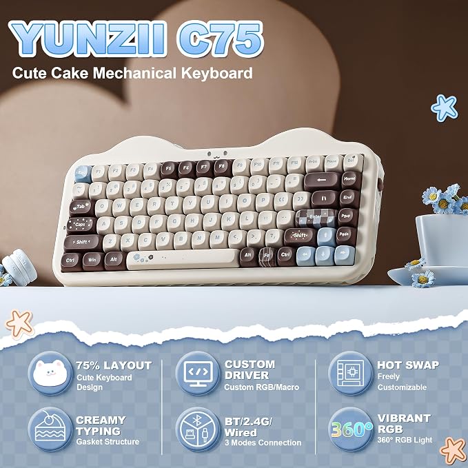 YUNZII C75 Cute 75% Wireless Mechanical Keyboard (Choco, Candy Switch) | Creamy Cake Keyboard, BT5.0/2.4G/USB-C, Hot-Swap, NKRO, PBT MOA Keycaps,5500mAh RGB Gasket Mount for Mac/Win/Gaming/Office - Image 2