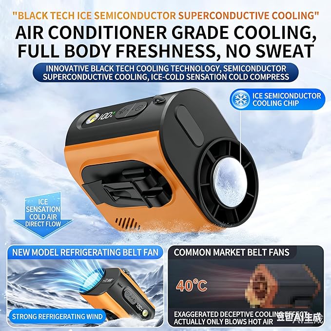 Portable Wearable Waist Iec Fan,with Semiconductor Ice Cooler,10000mAh Rechargeable Clip On Belt Cooling Fan, 100-Speed/16000RPM Personal Body Fans,25H Work Time for Camping, Outdoor, Jobsite（Orange） - Image 5