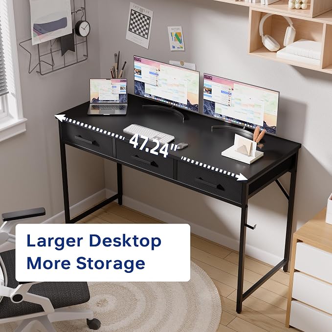 Pamray 47 Inch Small Computer Desk with 3 Drawers for Bedroom Study Writing Home Office Table for Small Spaces Marble - Image 4