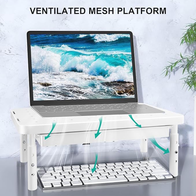 WALI Computer Monitor Stand with Storage, Desk Monitor Riser 3 Height Adjustable, Laptop Riser with Airflow Vents, Desk Organizer for Computer, Laptop, Printer (PTT002-W), 1 Pack, White - Image 4