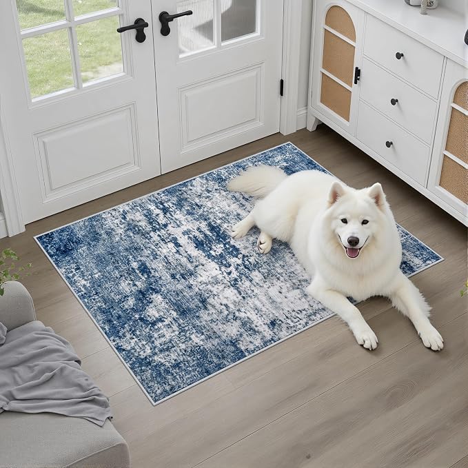 Washable Area Rug 2x3 Entryway Rug: Washable Modern Abstract Soft Thin Rug Indoor Floor No Slip Stain Resistant Carpet for Bedroom Dining Room Farmhouse Nursery Home Office - Blue - Image 2