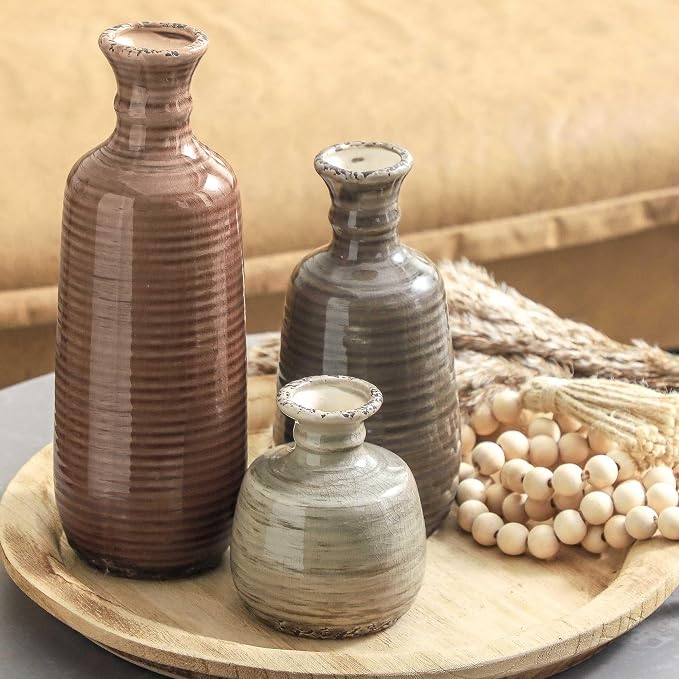 Ceramic Vases Set of 3, Neutral Rustic Farmhouse Vases Home Decor Decorative Flower Vase Modern Boho Pampass Vase for Table Mantel Entryway Shelf Living Room Kitchen Bathroom - Brown - Image 7