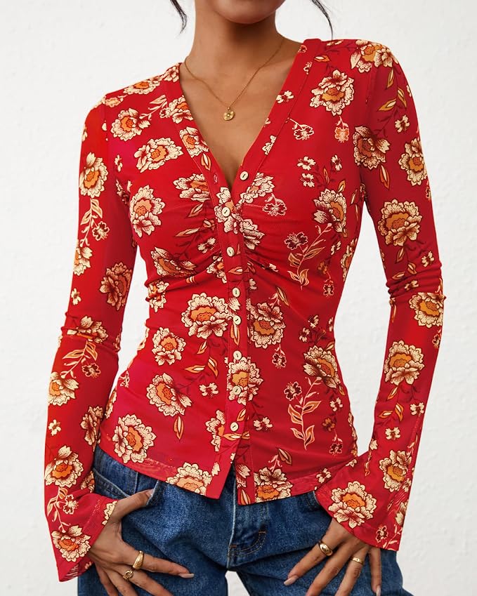 BTFBM Button Down Shirts for Women 2026 Fall Boho Tops V Neck Long Sleeve Blouses Ruched Mesh Fitted Fashion Clothing - Image 5