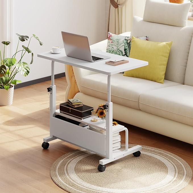 DUMOS Rolling Desk, Storage Shelves, Laptop Table, Home Office | Height Adjustable Design, Computer Desks on Wheels, Portable for Small Spaces Use, White - Image 7