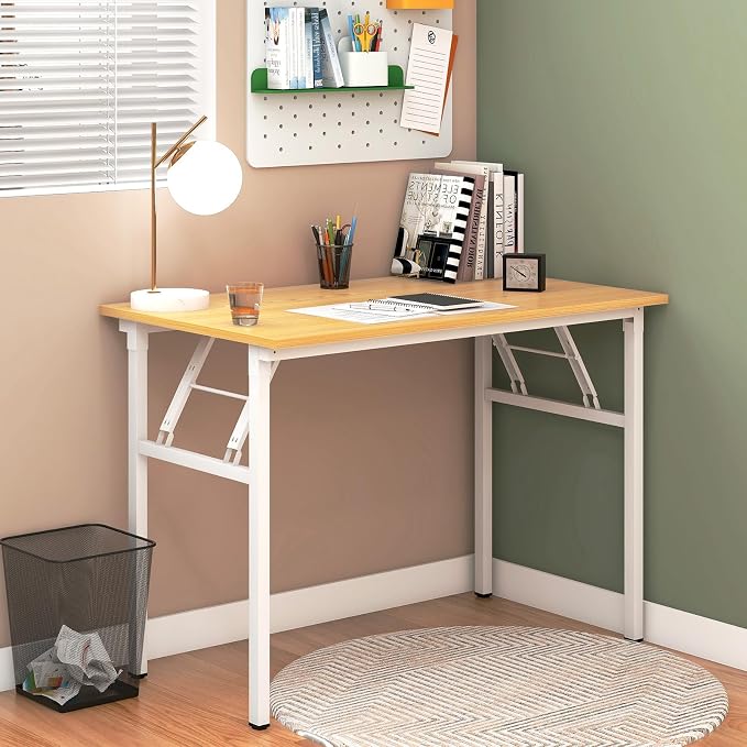 Need Office Computer Desk 39.3 Inch Sturdy Folding Laptop Table Teak | White Frame Writing Gaming Work Table/Foldable Home Office Desk/Sewing Table, No Assembly Required - Image 6
