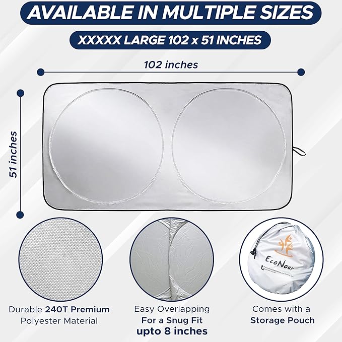EcoNour RV Windshield Sunshade | Reflective RV Windshield Cover for UV Rays & Heat Protection, Keeps Your RV Motorhome Cool | Shades for RV Fits RVs, Trucks, Motorhomes, Buses | XXXXX-Large 102"x51" - Image 4