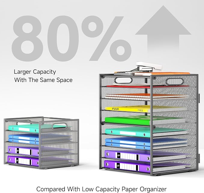 Cawukege 9 Tier Paper Organizer with Handle, Large Capacity Desk Organizer Mesh File Folder Letter Paper Tray Desktop Document Sorter for Classroom, School, and Office Accessories Organization - Grey - Image 3