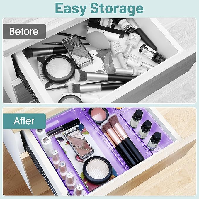 WOWBOX 25 PCS Plastic Drawer Organizer Set, Desk Drawer Divider Organizers and Storage Bins for Makeup, Jewelry, Gadgets for Kitchen, Bedroom, Bathroom, Office, Clear Purple - Image 4
