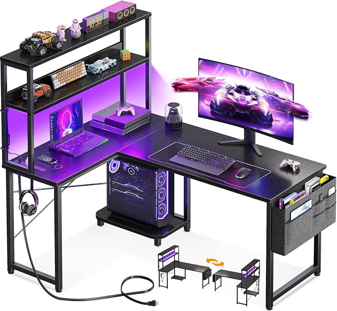 AODK L Shaped Desk Gaming Desk with LED Light & Power Outlet | 43 Inch Black Reversible L Shaped Computer Table with Shelf, Corner Desk with Storage Bag&Hook for Home Office Desk by AODK