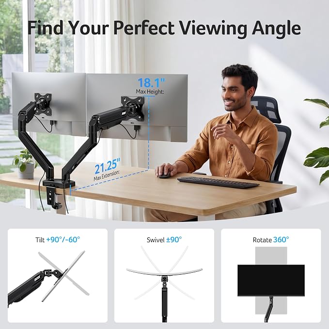 Acer Dual Monitor Arm, Computer Desk Arm with VESA Mounts for 17–32″ Screens, Fully Adjustable Gas Spring Monitor Stand, C-Clamp and Grommet Mounting Base, Fits 4.4 to 19.8lbs Computer Monitors - Image 3