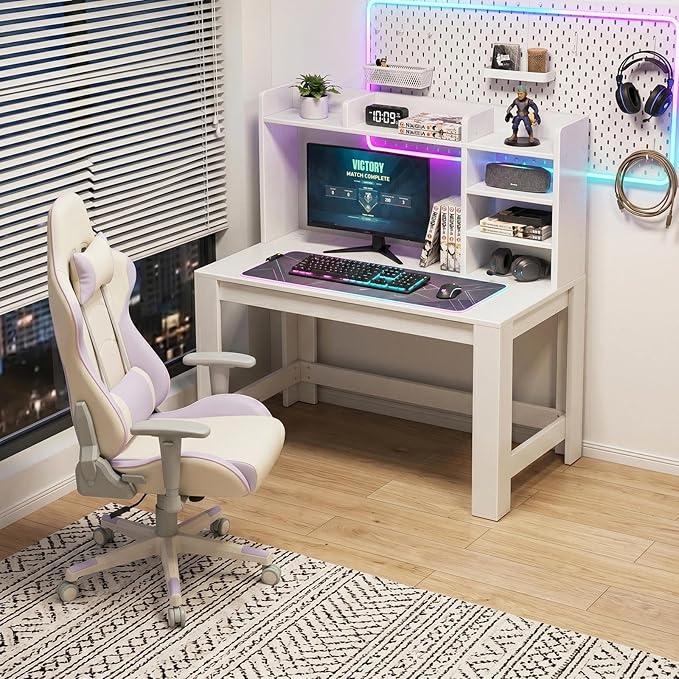 WINAZ White Desk with Hutch and Power Outlet, 43 Inch Small Space Computer Writing Desk with Storage Shelves, Modern Home Office Workstation for Bedroom Dorm - Image 2