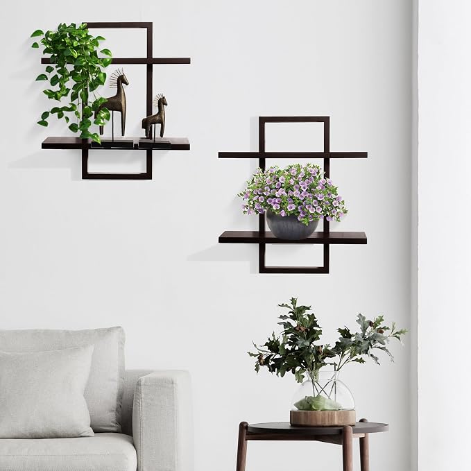 PHOENANCEE Floating Shelves for Wall,Display Hanging Shelf Set of 2,Modern Decorative Plants Shelves,Wood Home Decor Storage Chic for Living Room Bedroom Bathroom Office,Oak Frame,2-Tier (Walnut - Image 2