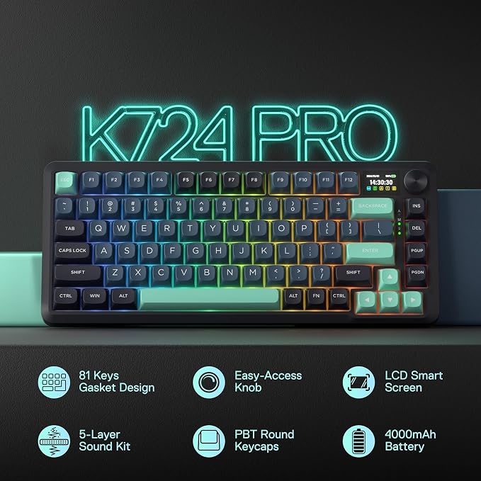 Redragon K724 PRO Wireless 81-Key Gasket Gaming Keyboard, TFT Screen & Knob | Easy-Control LED Info Display, 0-Delay Tri-Mode, Cushioned 5-Layer Noise Dampening for Creamy Thocky Sound, Compact 80% Size - Image 2