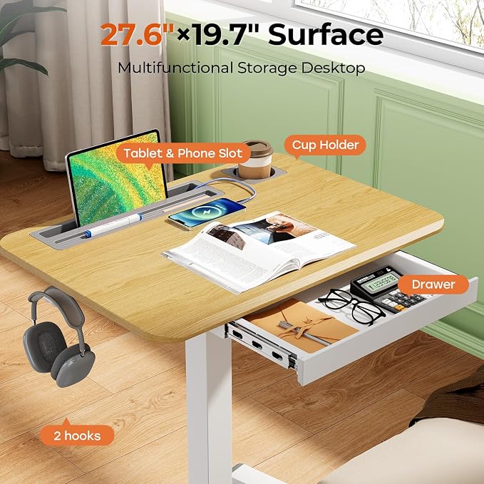 28" Mobile Standing Desk with Drawer, Portable Laptop Desk | Rolling Desk with Cup Holder & Hooks, Height Adjustable Computer Cart on Wheels for Classroom, Study Desk with Storage, Maple - Image 4