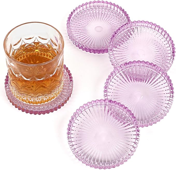 Modern Clear Coaster Set of 5- Glass Coasters for Drinks Crystal Coaster Round Cup Coasters Coffee Table Decor for Office, Kitchen, Bar, Dining Room, Living Room, Patio(Clear Purple) by Unknown