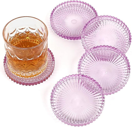 Modern Clear Coaster Set of 5- Glass Coasters for Drinks Crystal Coaster Round Cup Coasters Coffee Table Decor for Office, Kitchen, Bar, Dining Room, Living Room, Patio(Clear Purple) by Unknown
